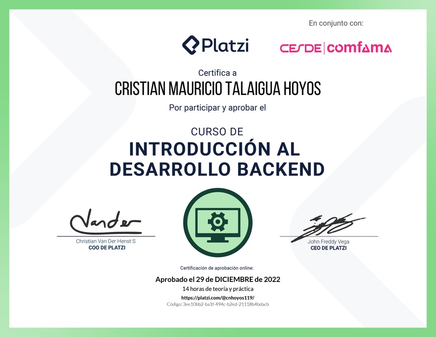 Diploma del Curso de Introducción al Desarrollo Backend