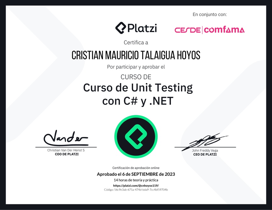 Diploma del Curso de Unit Testing con C# y .NET