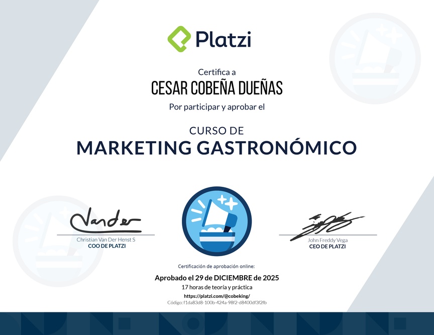 Diploma del Curso de Marketing Digital para Proyectos Gastronómicos