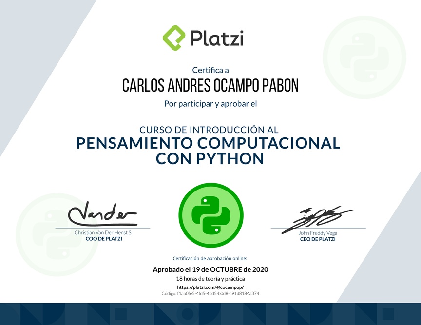 Diploma del Curso de Introducción al Pensamiento Computacional con Python