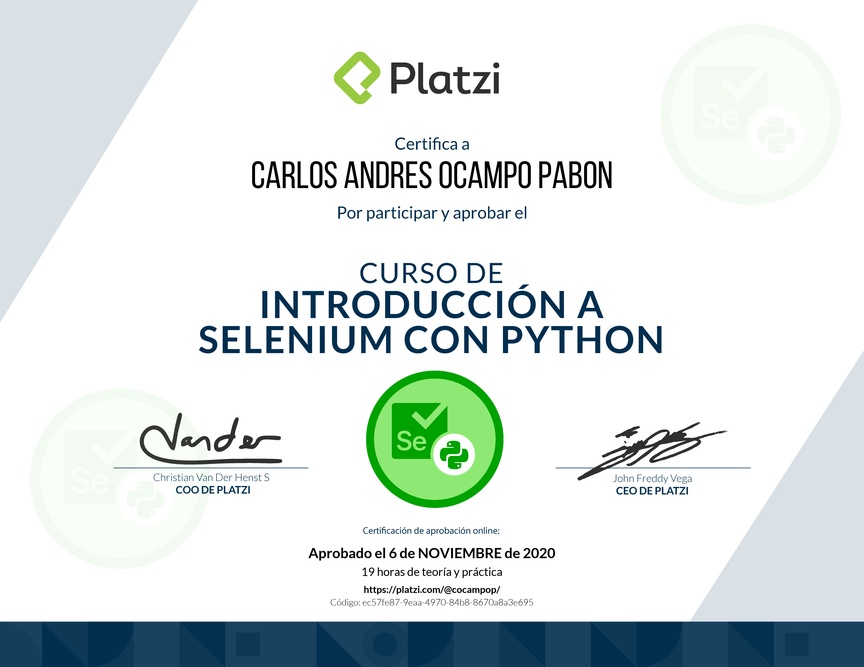 Diploma del Curso de Introducción a Selenium con Python