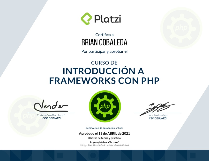 Diploma del Curso de Introducción a Frameworks de PHP