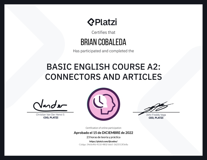 Diploma del Curso de Inglés Básico A2: Conectores y Artículos