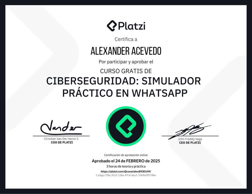 Diploma del Curso Gratis de Ciberseguridad: Simulador Práctico en WhatsApp