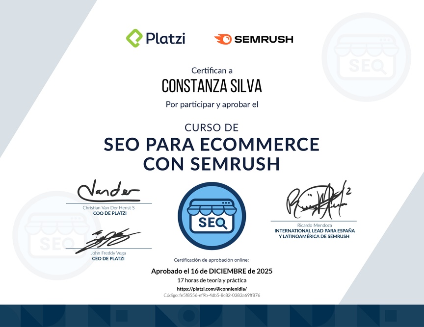 Diploma del Curso de SEO para E-Commerce con Semrush