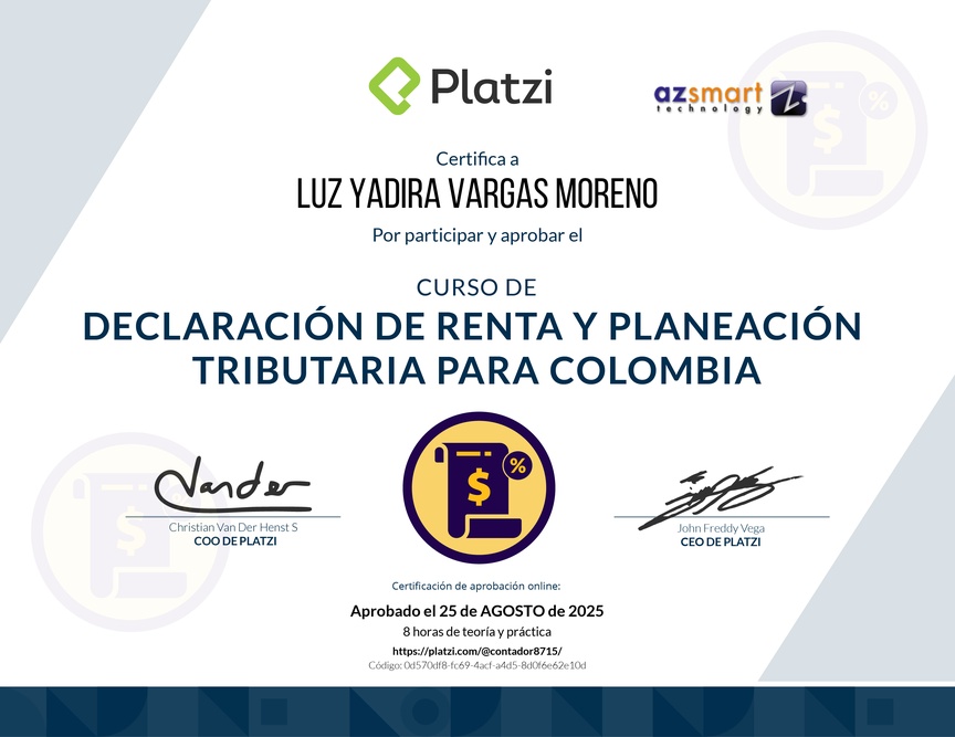 Diploma del Curso de Declaración de Renta y Planeación Tributaria para Colombia