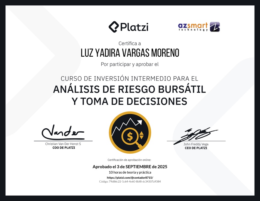 Diploma del Curso de Inversión Intermedio para el Análisis de Riesgo Bursátil y Toma de Decisiones