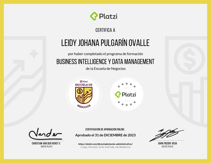 Diploma de la Ruta de Aprendizaje de Business Intelligence y Data Management
