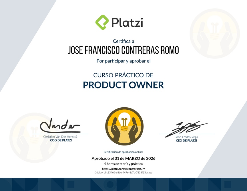 Diploma del Curso de Herramientas y Frameworks Intermedias para Product Owners