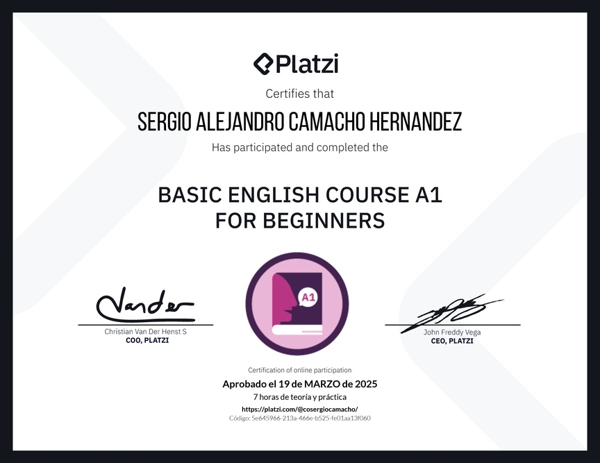 Diploma del Curso de Inglés Básico A1 para Principiantes