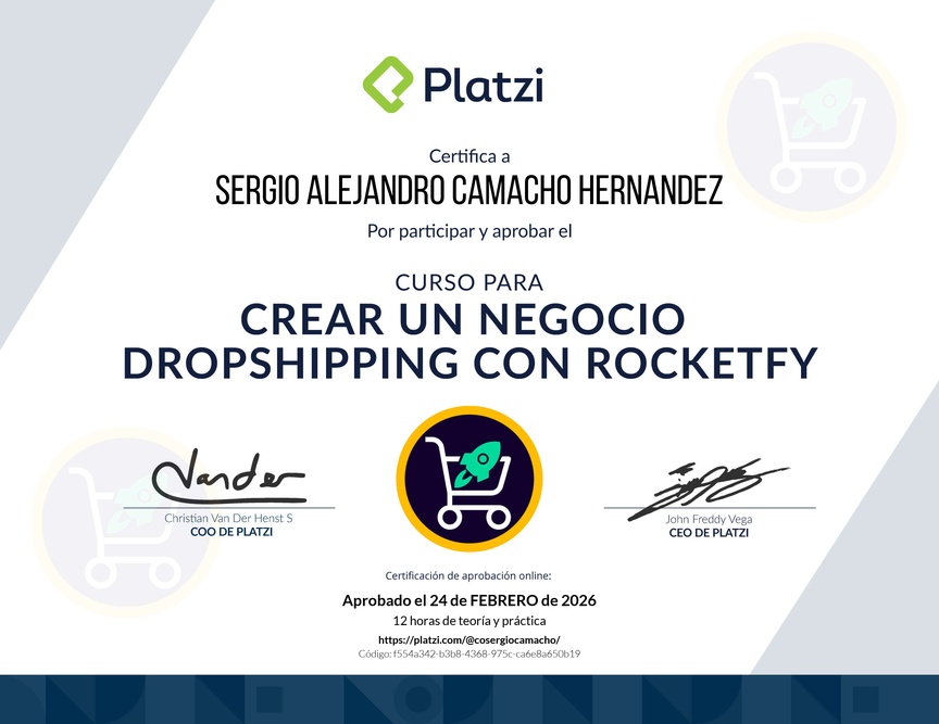 Diploma del Curso para Crear un Negocio Dropshipping con Rocketfy