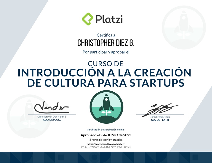Diploma del Curso de Introducción a la Creación de Cultura para Startups