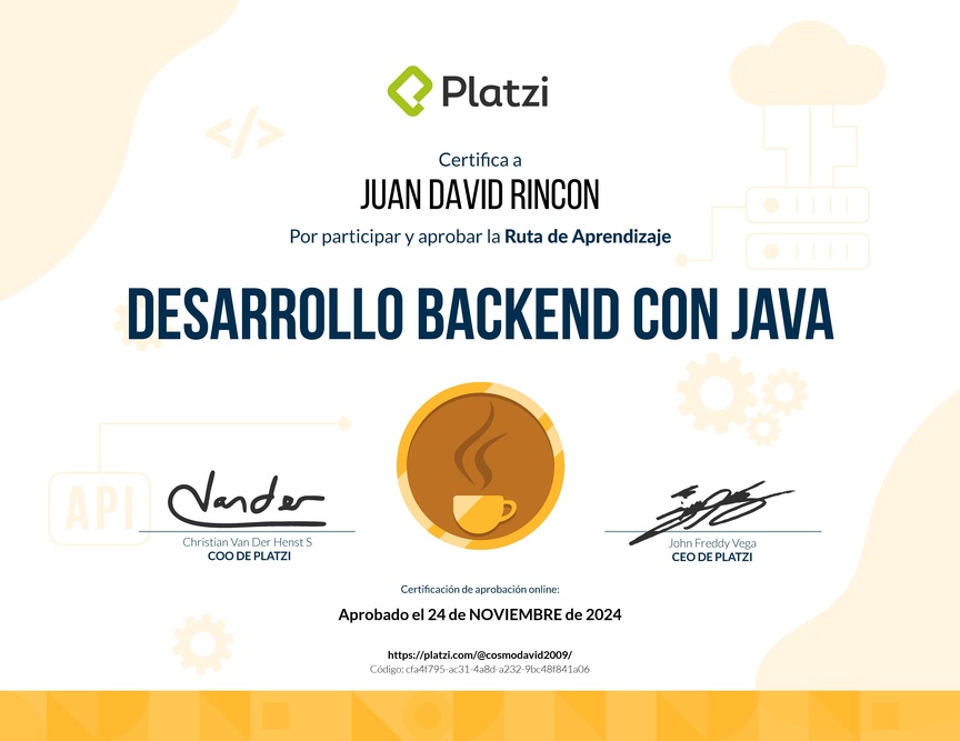 Diploma de la Ruta de Aprendizaje de Desarrollo Backend con Java