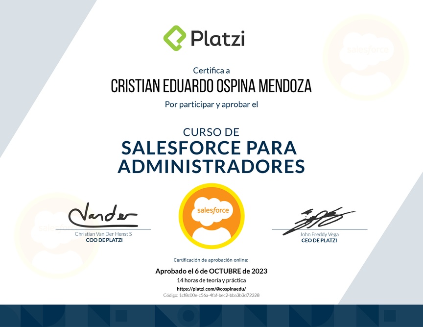 Diploma del Curso de Salesforce para Administradores