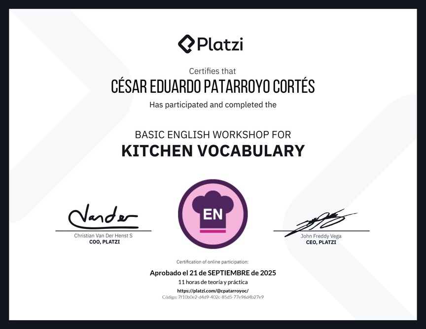 Diploma del Curso de Inglés Práctico sobre Vocabulario de Cocina