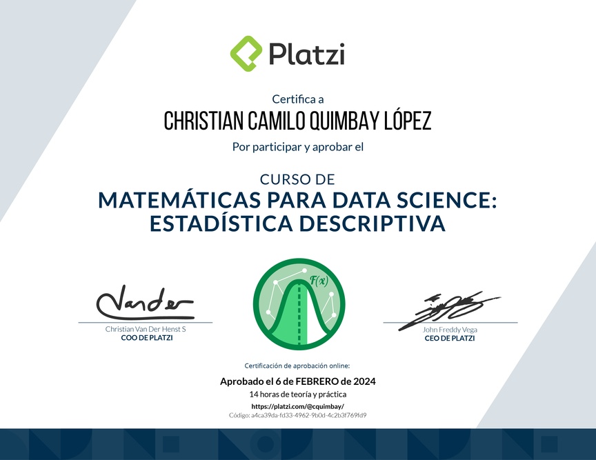 Diploma del Curso de Matemáticas para Data Science: Estadística Descriptiva