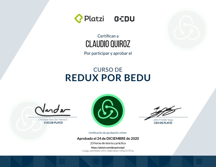Diploma del Curso de Redux por Bedu