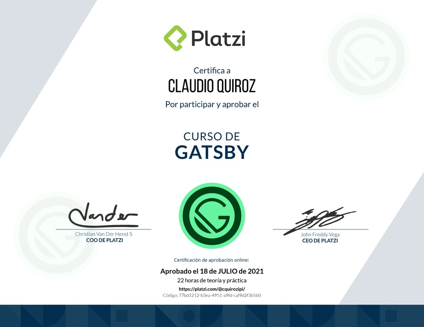 Diploma del Curso de Desarrollo de Aplicaciones Web con Gatsby JS