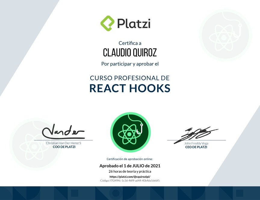 Diploma del Curso Profesional de React Hooks