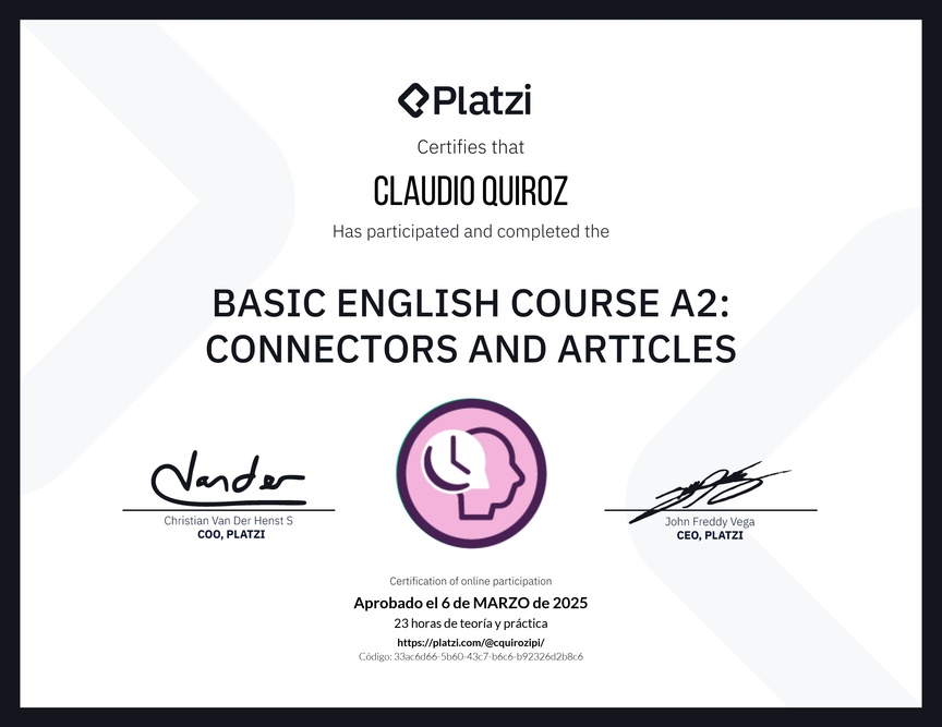Diploma del Curso de Inglés Básico A2: Conectores y Artículos
