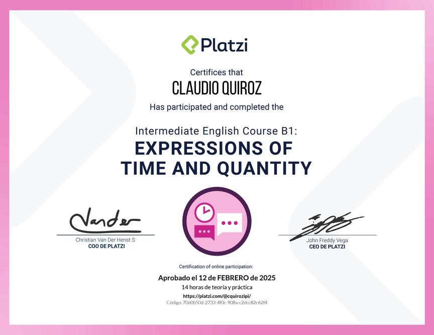 Diploma del Curso de Inglés Intermedio B1: Expresiones de Tiempo y Cantidad