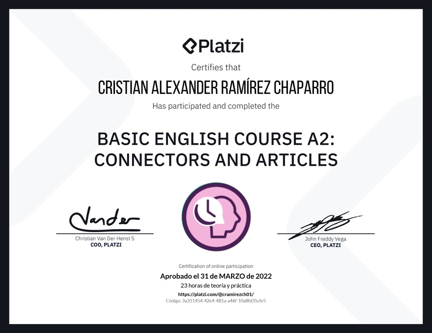 Diploma del Curso de Inglés Básico A2: Conectores y Artículos