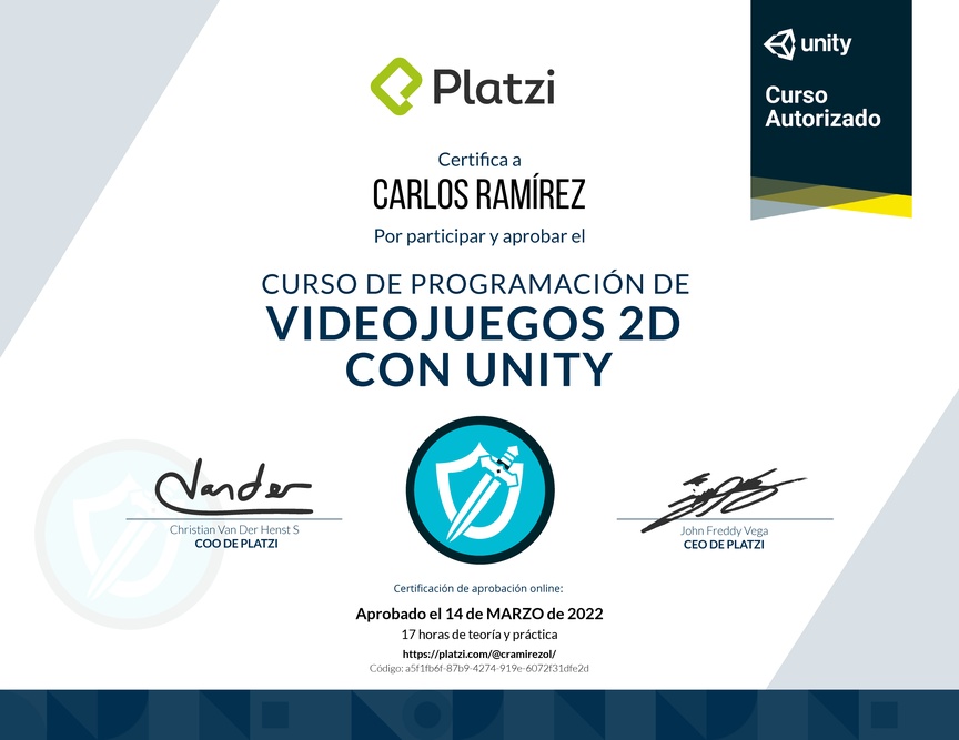 Diploma del Curso de Programación de Videojuegos 2D con Unity