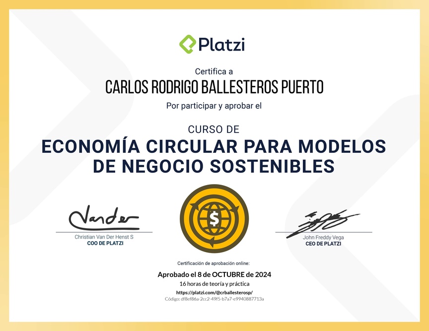 Diploma del Curso de Economía Circular para Modelos de Negocio Sostenibles