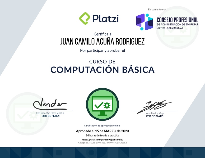 Diploma del Curso Básico de Computadores e Informática