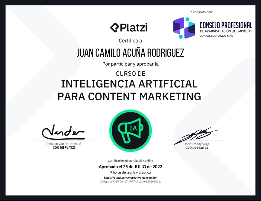 Diploma del Curso de Inteligencia Artificial para Content Marketing