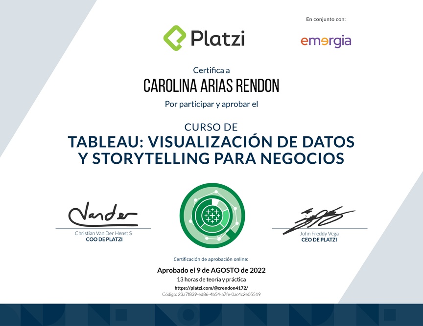 Diploma del Curso de Tableau: Visualización de Datos y Storytelling para Negocios