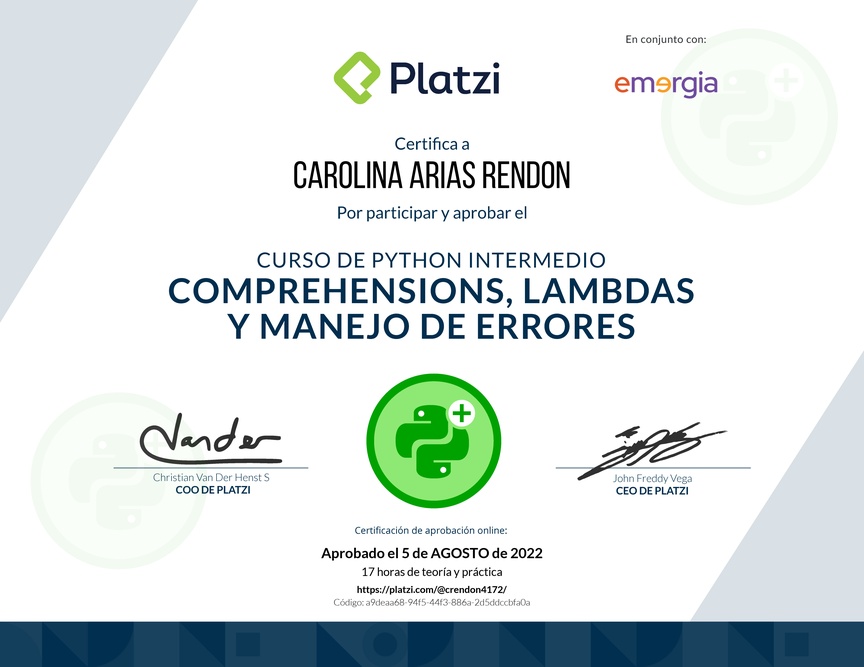 Diploma del Curso de Python Intermedio: Comprehensions, Lambdas y Manejo de Errores