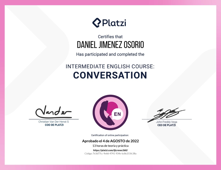 Diploma del Curso de Inglés Intermedio: Conversación 2020