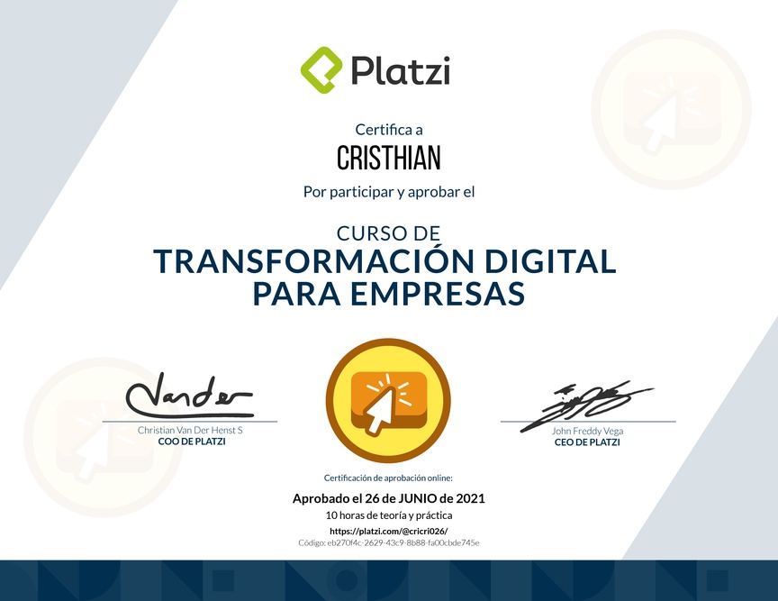 Diploma del Curso de Transformación Digital para el Crecimiento de tu Empresa