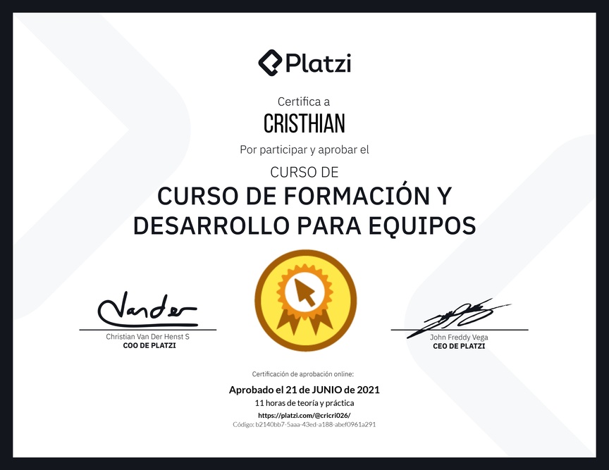 Diploma del Curso de Formación y Desarrollo para Equipos
