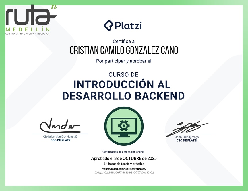 Diploma del Curso de Introducción al Desarrollo Backend