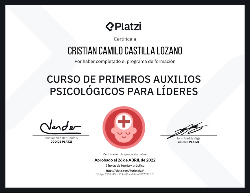 Diploma del Curso de Primeros Auxilios Psicológicos para Líderes