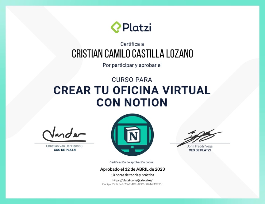Diploma del Curso para Crear tu Oficina Virtual con Notion