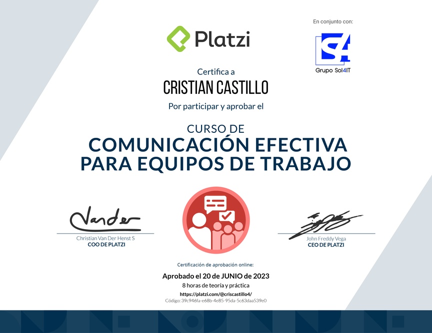 Diploma del Curso de Comunicación Efectiva para Equipos de Trabajo
