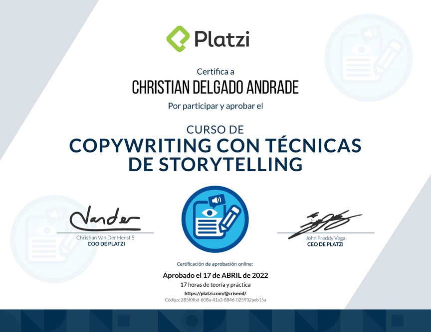 Diploma del Curso de Copywriting con Técnicas de Storytelling
