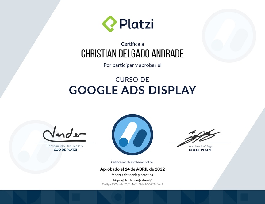 Diploma del Curso de Optimización de Campañas con Google Ads Display