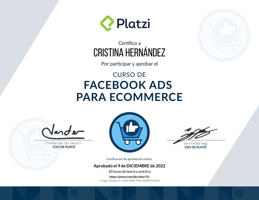 Diploma del Curso de Facebook Ads para comercios electrónicos.