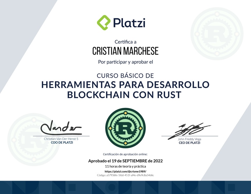 Diploma del Curso Básico de Herramientas para Desarrollo Blockchain con Rust