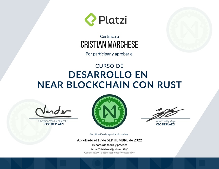 Diploma del Curso de Desarrollo en NEAR Blockchain con Rust