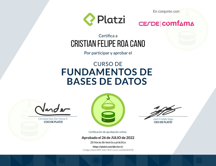 Diploma del Curso de Fundamentos de Bases de Datos 2019