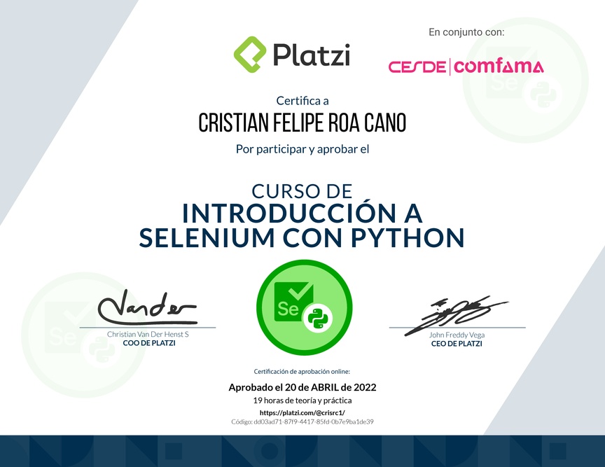 Diploma del Curso de Introducción a Selenium con Python