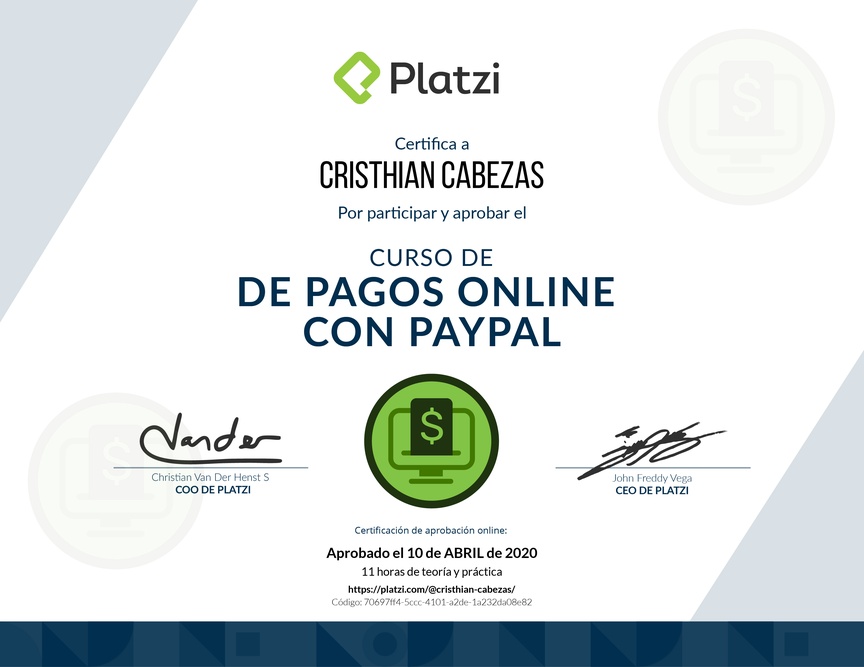 Diploma del Curso de Pagos Online con PayPal