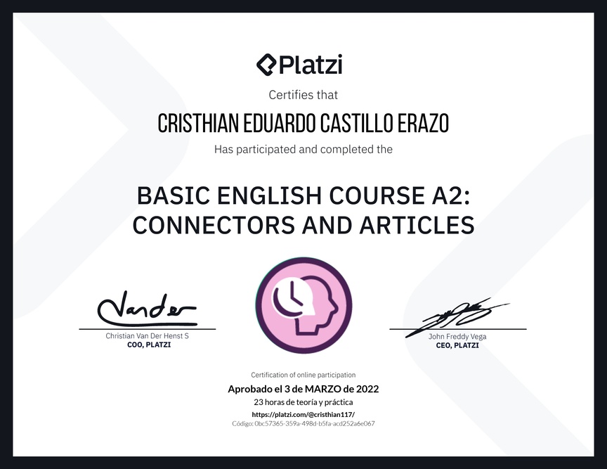 Diploma del Curso de Inglés Básico A2: Conectores y Artículos