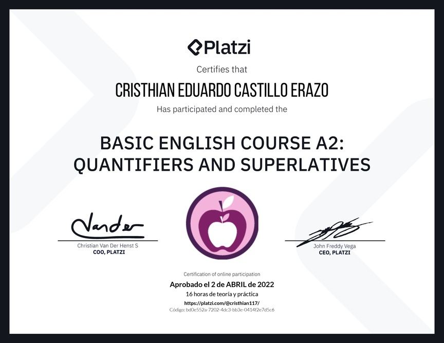 Diploma del Curso de Inglés Básico A2: Cuantificadores y Superlativos