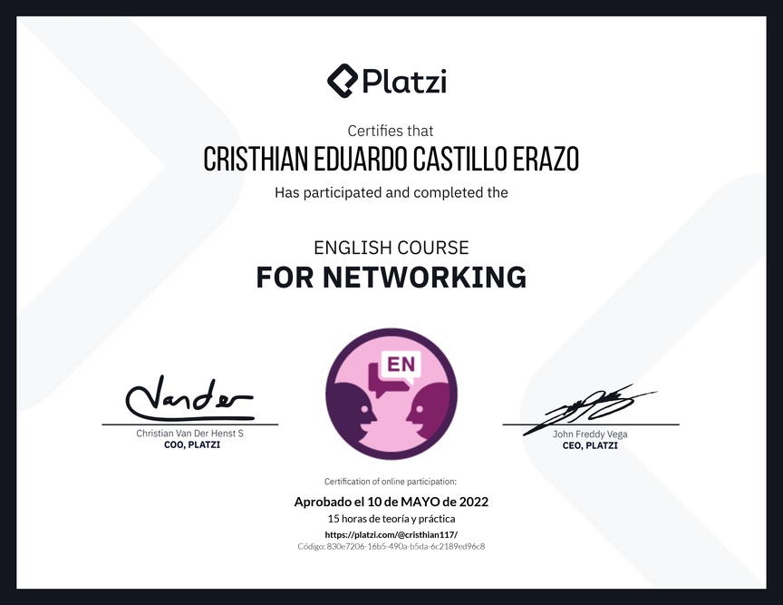 Diploma del Curso de Inglés para Networking (2021)